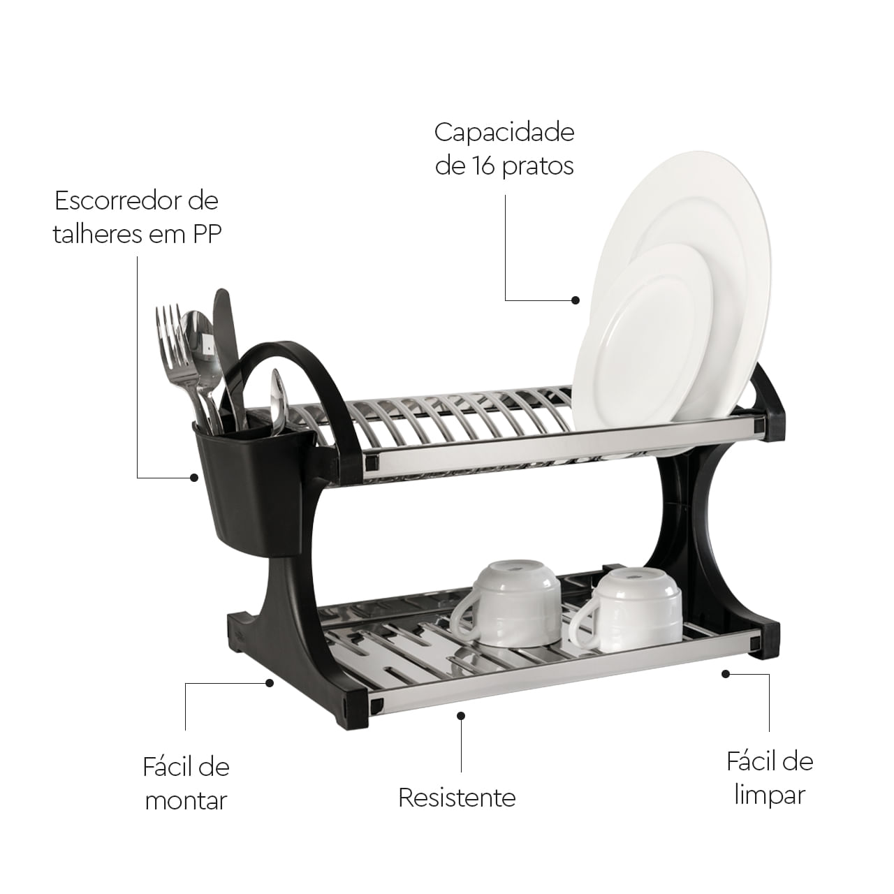 Escorredor de Louças Brinox Suprema 16 Pratos Aço Inox Preto - Imagem 4